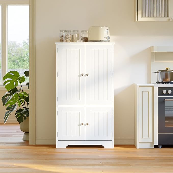 ChooChoo 43" H Pantry Cabinet with 4 Doors & 4 Door Shelves | Kitchen Cabinet, Kitchen Pantry Storage Cabinet for Living Room, for Dining Room, Bathroom, White