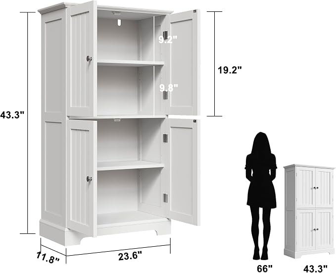 ChooChoo Bathroom Floor Cabinet with Adjustable Shelves | Bathroom Storage Cabinet, 4 Doors, Freestanding Cupboard for Living Room, White
