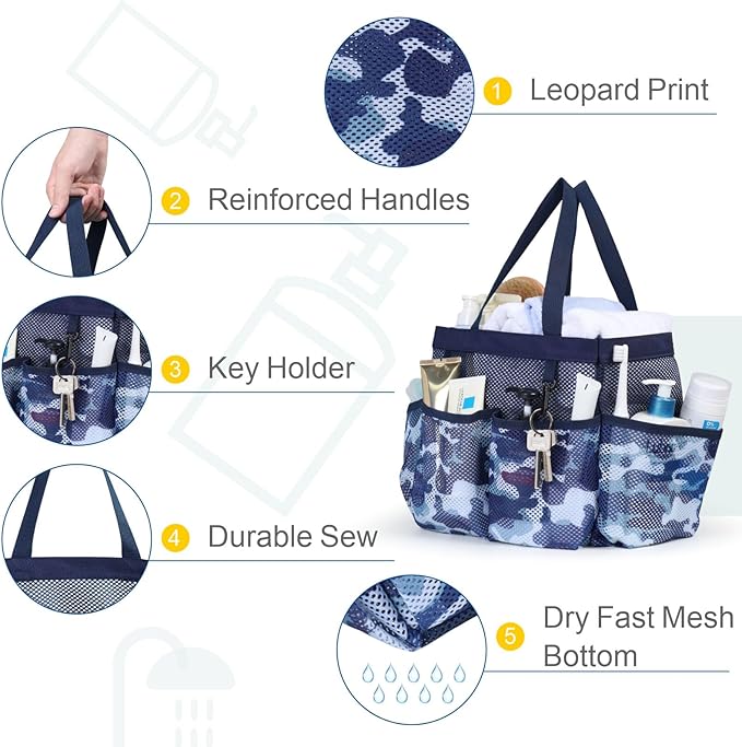 Mesh Shower Caddy Portable - 8 Pockets, S-Hook, Shower Bag for Dorm Camping | 2-Handle, Quick-Dry, Toiletry Organizer, College Dorm Room Essentials for Girls, Gym, Travel & Bathroom, Blue Camouflage