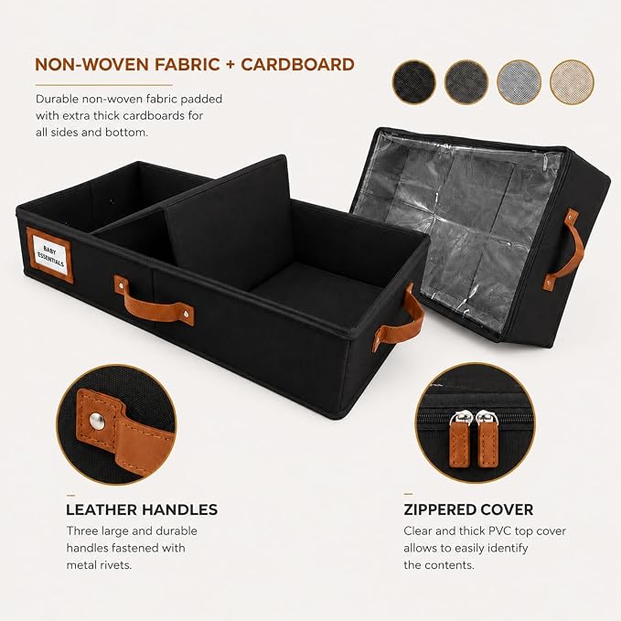 2pc Under Bed Storage Containers, Bedroom Under the Bed Drawer Storage Organizer with Bins and Lids, Large Underbed Clothes Storage Box Ideal for Blanket, Fabric, & Shoes (Black)