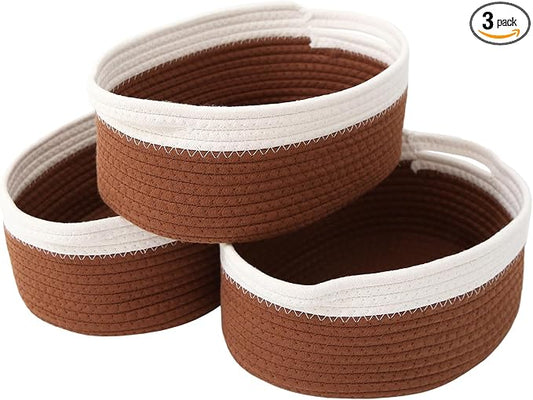 JMvicyroam Small Woven Basket, Empty Gift Basket, White&Brown/3 Pack | Small Gift Basket, Cotton Rope, 12 x 8 x 59 in, Handles, Includes Ribbon and Bag, Birthday Gift Basket