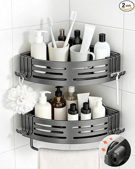 Conworld Corner Shower Caddy Suction Cups, No-Drilling Corner Shower Shelf | 1. No Drilling, No Wall Damage 2. Aluminum, Rustproof 3.Suitable for Ceramic Tiles and Glass Walls