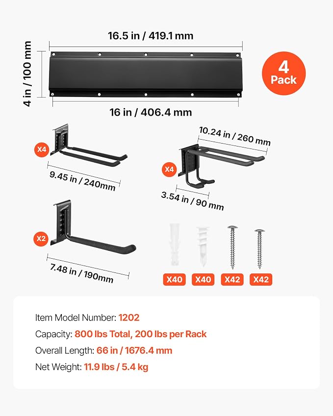 VEVOR Garage Tool Organizer 66 Inch 800 lbs Wall Mount Garden Tool Rack, Heavy Duty Garage Hanging Storage Rack Organization with 4 Rails and 10 Adjustable Hooks, for Yard Tools, Shovel, Rake, Shed