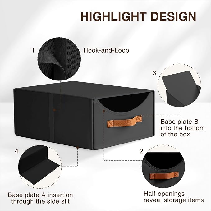 Homsorout Stackable Storage Drawers - Large Collapsible Storage Bins with Drawers, 6 Pack Closet Shelf Organizer Basket, Fabric Pull Out Organizer for Bedroom, Living Room, Dorm, Black