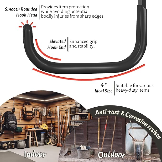 Garage Hooks 4 Inch, 6 Pack Heavy Duty Wall Hooks for Hanging | Ladder Hangers for Garage Wall Mount, Steel J Utility Garden Hose Holder Tool Organizers and Storage | 55lbs