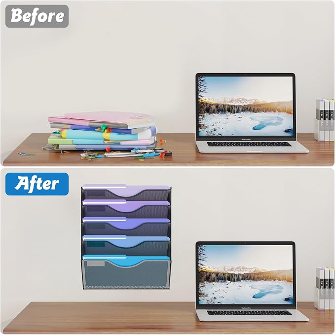 Gawerk 5 Tier Hanging Wall File Organizer, Mesh Mail Paper Orgnization Hanging File Folder Holder for Home Office, Black
