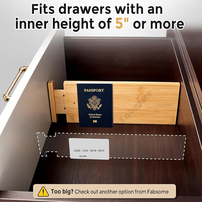 Fabsome Dresser Drawer Organizers 6 Pack, 4.65'' High Adjustable from 12.5-17‘’ Bamboo Drawer Dividers for Clothing Baby Clothes, Wooden Separators for Dresser Nursery Organization with Soft Foam Ends