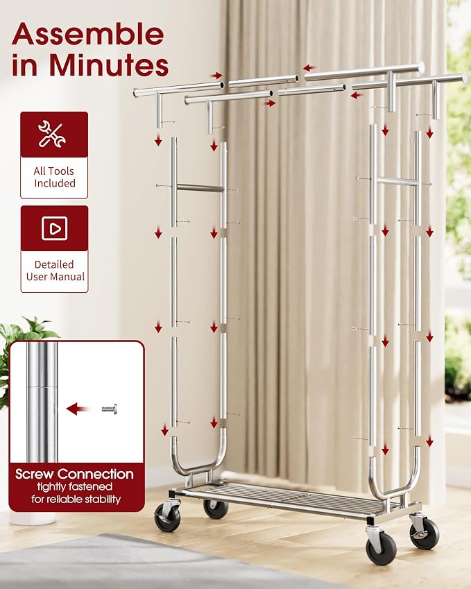 Sakugi Heavy Duty Stainless Steel Rolling Clothes Rack with Mesh Shelf, Lockable Wheels & Anti-Slip Stoppers, Large Capacity Clothing Organizer for Bedroom, Laundry Room, 43.5" x 16.5" x 65.9", Silver