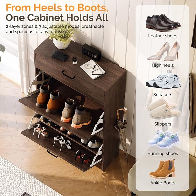 VINGLI Shoe Cabinet Storage for Entryway,Walnut Narrow Wood Shoe Rack,25" W | 8–12 Pairs,Skirting Board Cutout,Drop-Down Drawer,9.4"D Slim,Walnut,2 Flip Drawers,Adjustable & Removable Shelf,Freestanding