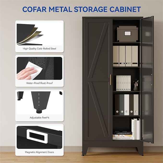 COFaR Metal Pantry Cabinet with Doors, Farmhouse 71'' Tall Storage Cabinet with 4 Adjustable Shelves, Kitchen Pantry Cabinet for Dinning Room, Garage, Laundry, Bathroom, Black 5-Tier