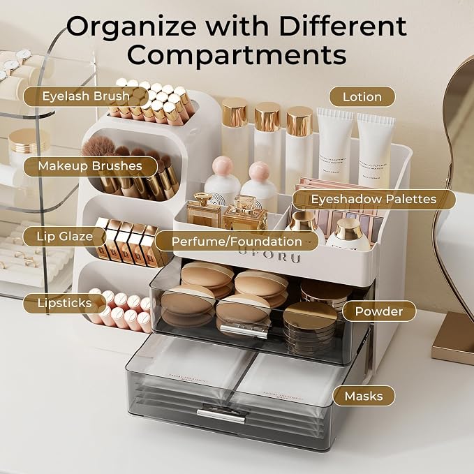 UFORU Makeup Organizer Countertop with Brush Holder for Vanity Bathroom | Large Capacity, Thickened Plastic, 2 Clear Drawers, Compact Size, Detachable Brush Holder, Divided Compartments, Easy Access