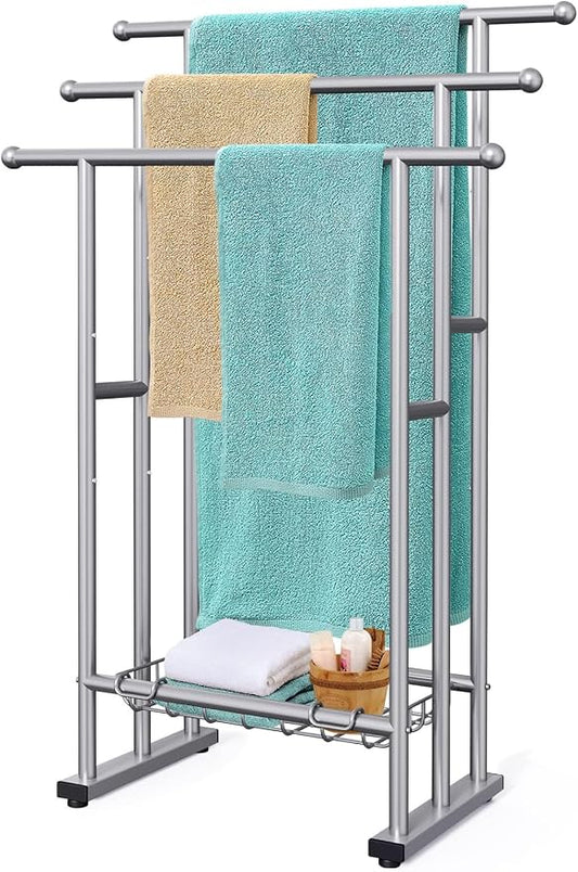 Kayfia 40'' Freestanding 3 Tier Alloy Steel Towel Rack with Storage Basket | Dual-Use Drying & Display Rack, Holds Oversized Bath Towels & Blankets, Fits Bathroom, Tub, Shower, Poolside, Silver