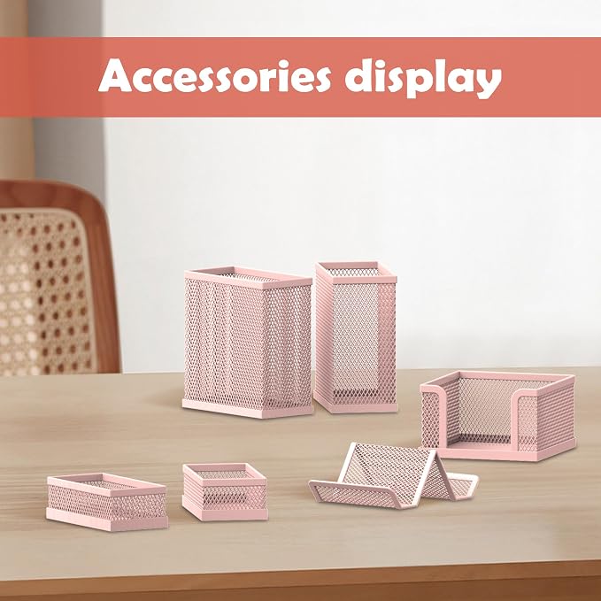 Pen Holder for Desk, 6-Piece Mesh Desk Organizer with Phone Holder, Pink | 6-Piece Black Mesh Desk Set Includes Pen Cups, a Sticky Note Caddy and Phone Holder for Office, School, Home