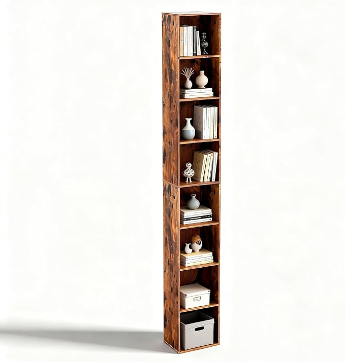 8-Cube Storage Organizer Bookcase, Tall Narrow Bookshelf for Home Office (Retro Brown)