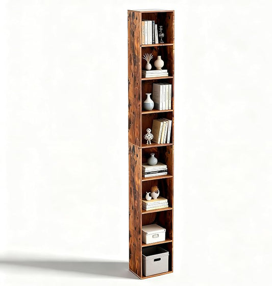 8-Cube Storage Organizer Bookcase, Tall Narrow Bookshelf for Home Office (Retro Brown)