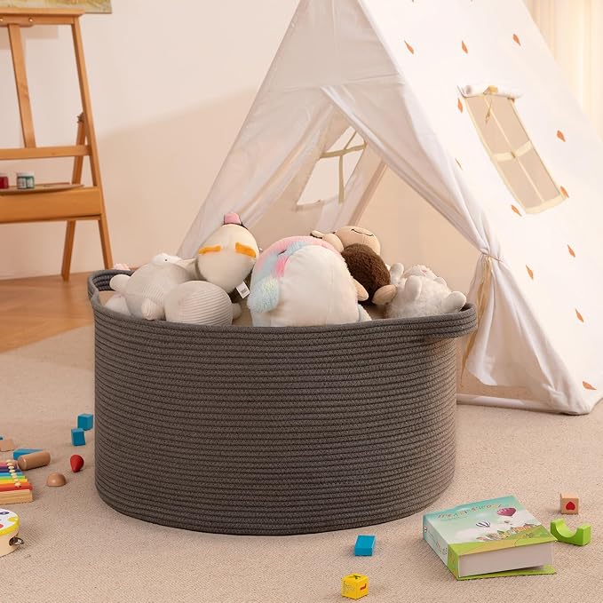 OIAHOMY 105L Extra Large Blanket Basket - Decorative Cotton Rope Storage Basket for Bedroom, Living Room & Nursery - Woven Laundry Hamper for Organizing Blankets, Clothes & Toys - Grey