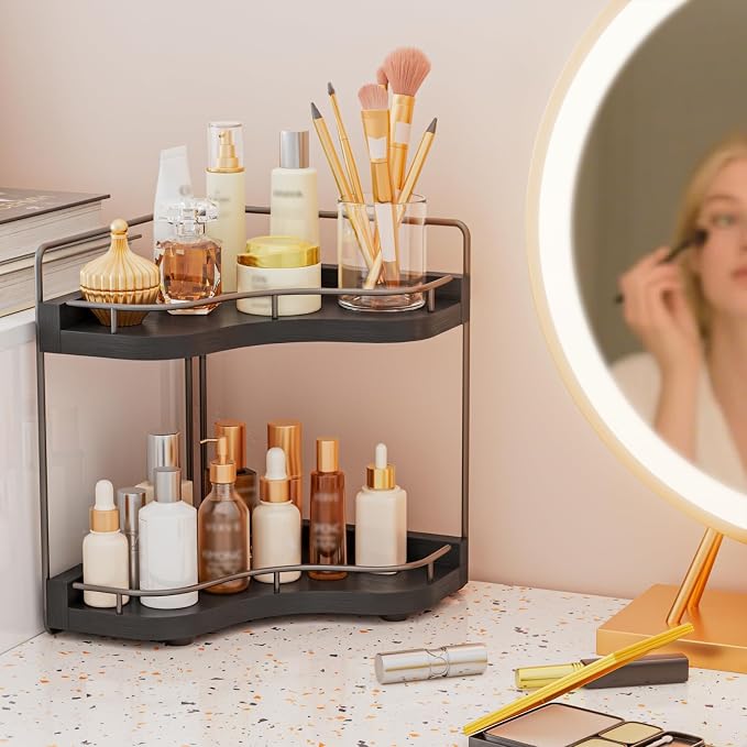 2-Tier Corner Bathroom Counter Organizer, Larger Size | Embedded Screw Holes, Sturdy & Stable, Oversized, Holds More, Vanity Shelf for Makeup & Skincare