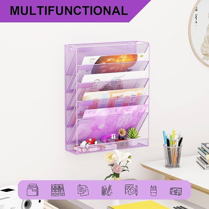 Wall File Organizer Holder Mesh Hanging Paper Document Holder, Vertical 6 Pocket Tier for Office Home, Light Purple