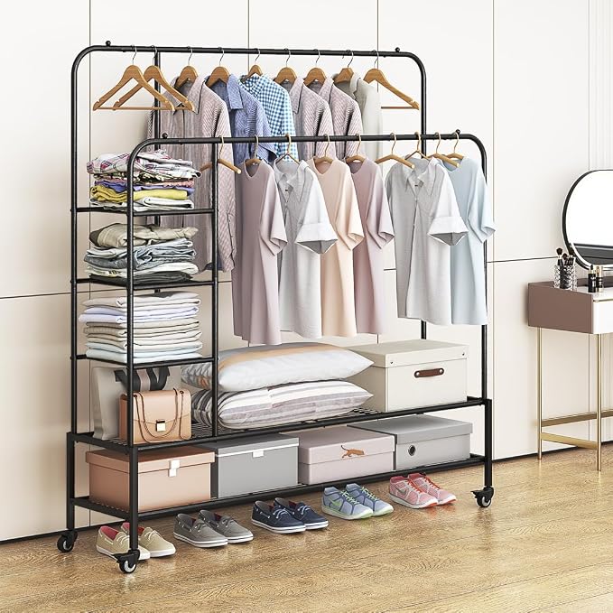 SUOERNUO Clothes Rack with Lockable Wheels Double Rods Metal Garment Racks | Portable Heavy-Duty Clothing Rack with Bottom, Rolling Clothes Shelves for Bedroom Laundry Living Room, Black