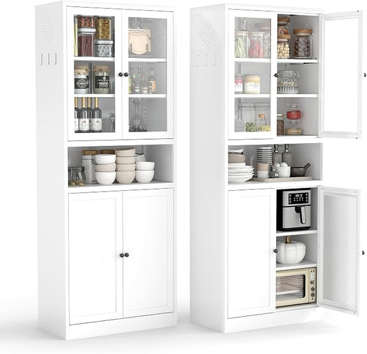 AQY Kitchen Pantry Cabinet,72" White Pantry Storage Cabinet with Adjustable Shelves and Glass Doors,Freestanding Cupboard,Metal Pantry Cabinets with Handle for Living Room Kitchen Assembly Required