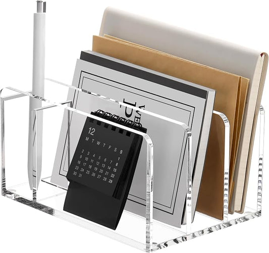 SANRUI Acrylic Mail Sorter Desk Organizer with Pen Holder, 3 Compartments | Clear Small File Script Letter Document Storage for Desktop Bill Filling Envelope Holder Office, Home, School Organization