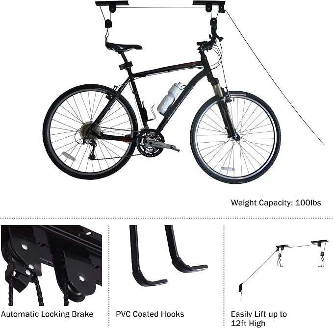 Bike Hanger - Overhead Hoist Pulley System with 100lb Capacity for Bicycles or Ladders - Secure Garage Ceiling Storage by Rad Sportz