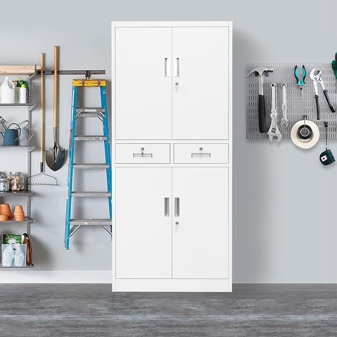 CJF Metal Storage Cabinet with Adjustable Shelves and Drawers, 71" H Locking Pantry Storage Cabinet for Office, Garage, Home, School, Utility (White)
