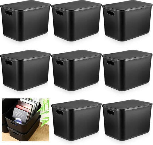 8 Pieces Colorful Storage Bins with Lid, Plastic Storage Basket Organizing Container Stackable Box with Handle for Shelves Desktop Playroom Office(14.2 x 10.2 x 9.5 Inch,Black)