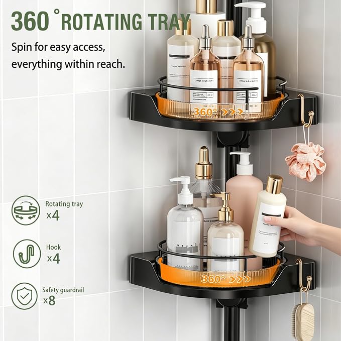 360° Rotating Corner Shower Caddy Tension Pole Organizer (Black) | 4-Tier rotating shelves with hooks, adjustable tray height, upgraded rustproof metal pole, removable trays for shower storage