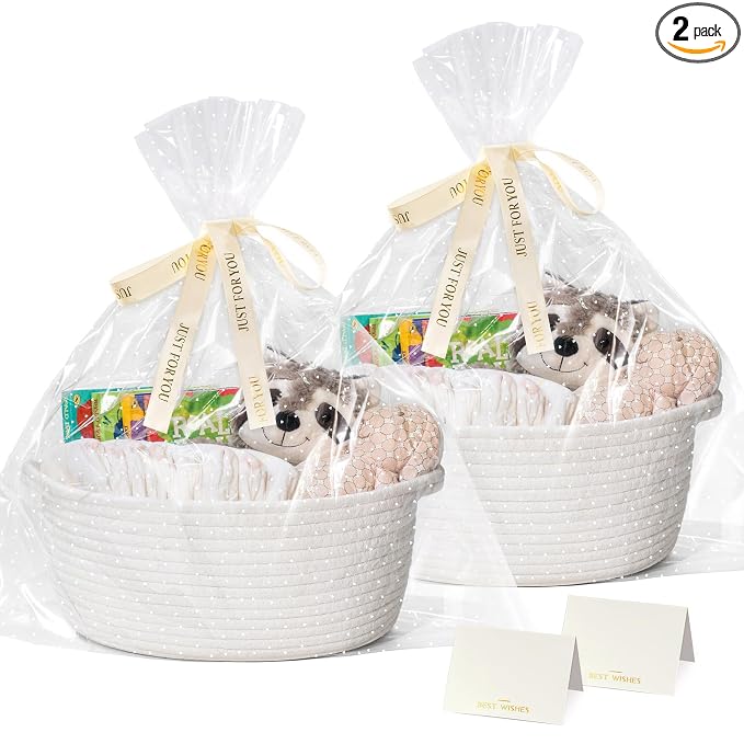 CHICVITA 2-Pack Gift Baskets Empty with Bags & Ribbon, Toy Basket, White | 12"x 8"x 5" Rope Gift Basket Empty to Fill for Baby Shower, Gift Basket for Organizing, Holiday Basket, Toy Storage for Kids