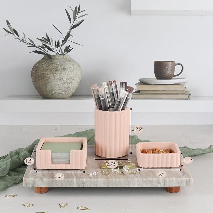Aesthetic Desk Organizer Set of 3 For Your Office - Sturdy Concrete Desktop Accessories For Women Enhance Any Office Decor - Set incl. Pen Holder, Paperclip Storage & Sticky Note Holder for Teacher