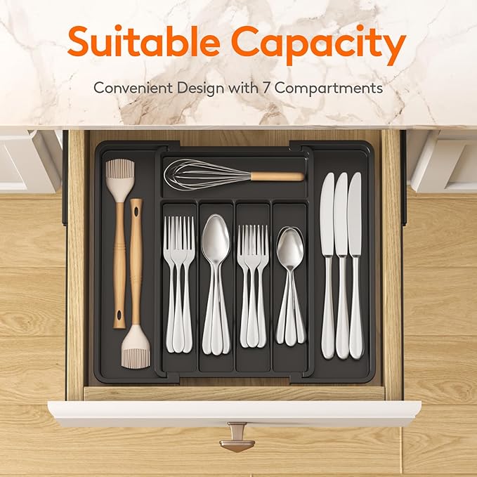 Lifewit Expandable Silverware Organizer, Plastic Utensil Tray for Kitchen Drawer, BPA Free Flatware Cutlery Holder, Space-Saving Storage for Spoons Forks Knives, 8-13.8 x 11.2 x 1.4 inch, Black