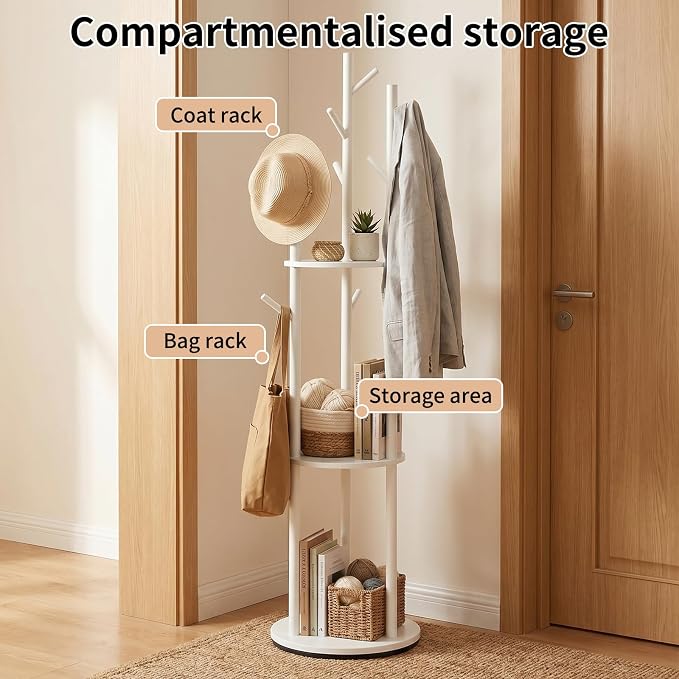 YYW 360° Wood Coat Rack Stand with Hooks and Shelves, Free Standing Rotating Organizer for Entryway, Bedroom, Small Space