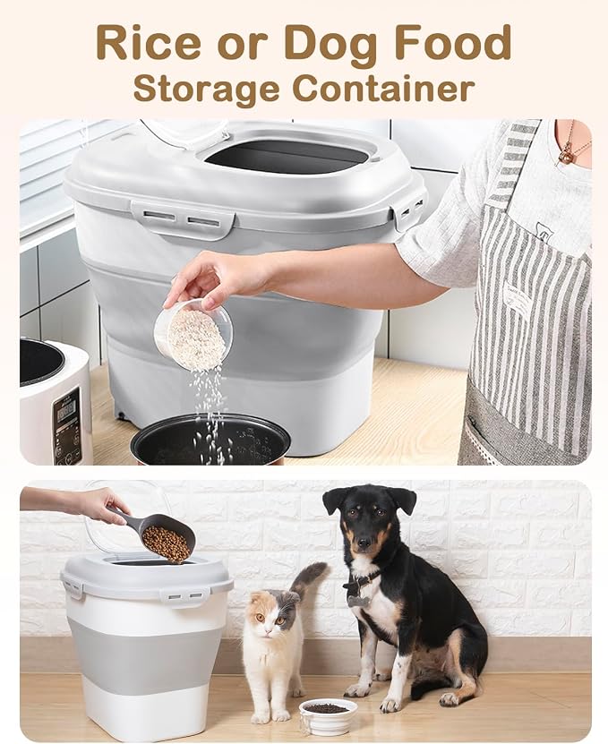 20-50 Lbs Airtight Food Storage Container Wheels,Collapsible Rice Container | Flour Storage Container with Double Airtight Seal,Rice Storage Container with Magnetic Lid,Keep Fresh for Pet Food,Rice,Flour