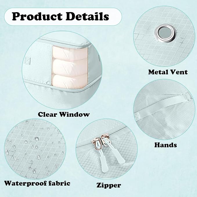 Compression Storage Bags for Bedding, 2 Pack Large Vacuum Sealer Bags with Transparent Window, Ultra Space Saving Self Compression Organizer for Comforters, Blankets & Seasonal Clothes (Blue, Large)