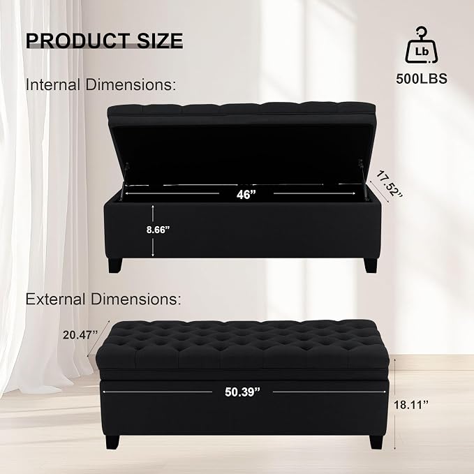 51" Storage Ottoman for Bedroom & Living Room, End of Bed Bench with Black Wooden Legs, Linen Upholstered Tufted Ottoman, Entryway Storage Bench, Black