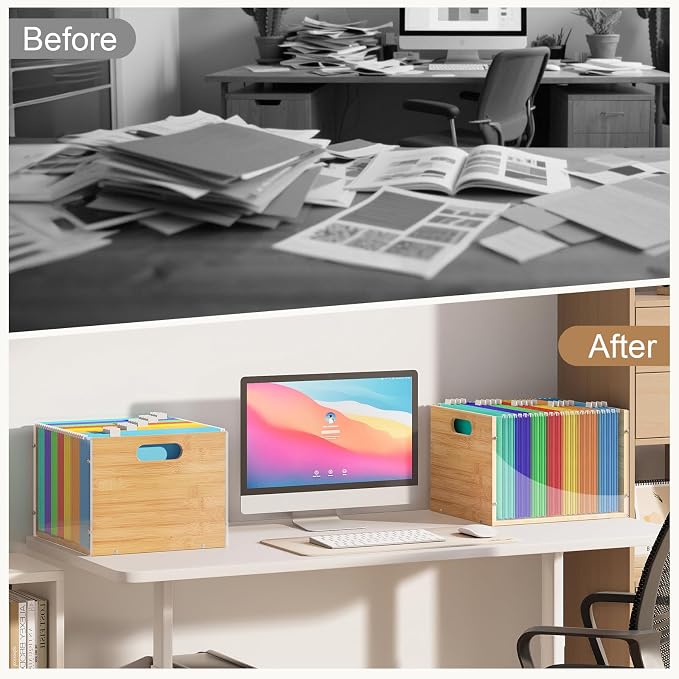 Sbanmao Clear Acrylic File Box Organizer, Bamboo Hanging Folder Storage Boxes, Filing Crate Bin Holder with Handle for Home Office Desk, Letter Size