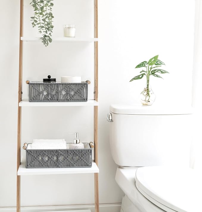 Mkono Macrame Storage Baskets Boho Decor Box Handmade Woven Decorative Countertop Toilet Tank Shelf Cabinet Organizer for Bedroom Livingroom Home, Set of 2, Grey | Small Baskets for Organizing, Hand-Woven, Bohemian Beach Coastal Decor, Shelf Vanity Cab...