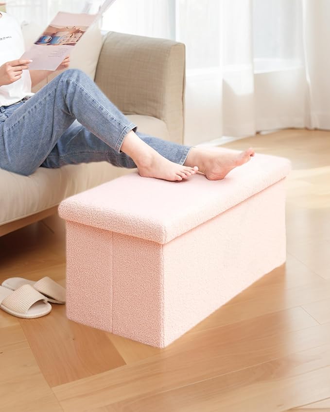 30 Inch Storage Ottoman Bench, Boucle Folding Ottoman Footstool, Rectangular Sherpa Footrest Storage Bench for Bedroom, Living Room, Entryway, Dorm, Pink