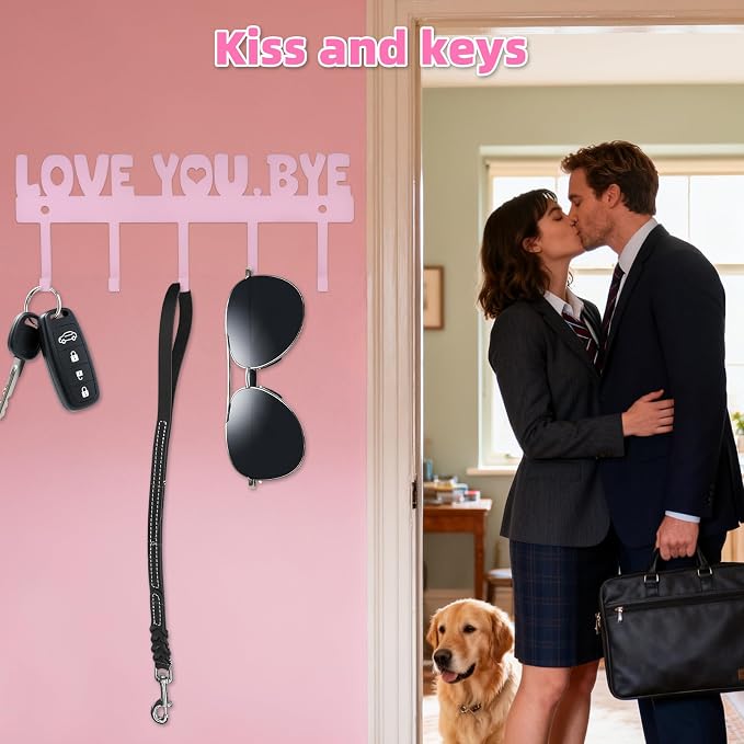 Adhesive Key Hanger Rack, Pink, 10x4 Inch | 5-Hook, Wall Mount Organizer, No Drill Easy Install, For Home Entryway
