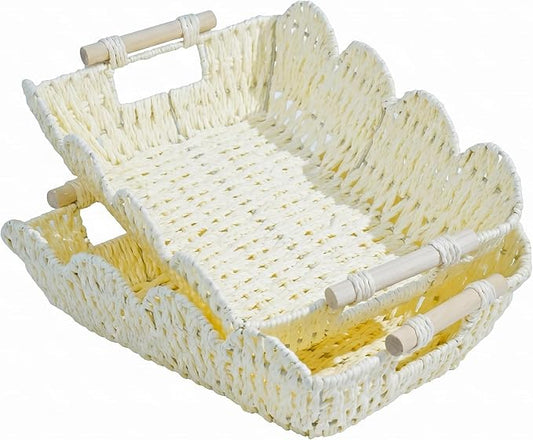 Coeusy Scalloped Basket, Paper Rope Basket for Gifts with Handles, Cute Storage Basket for Display,Decorative,Shelves,Snack,2 Pack, White