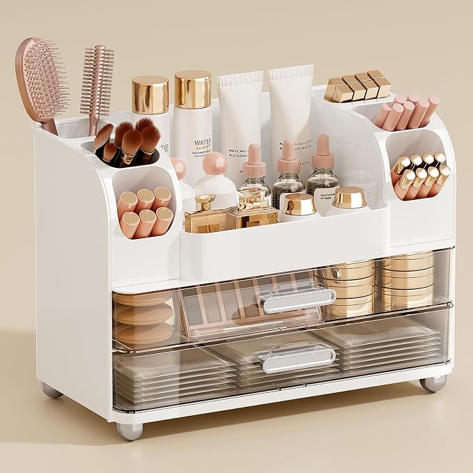 UFORU Makeup Organizer Countertop with 2 Large Drawers for Vanity Bathroom | Brush Holder, Large Capacity, Thickened Plastic, Compact Footprint, Space-Saving Design, Easy Clean, Ideal for Dorm Rooms