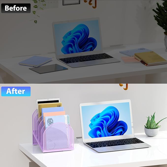 gianotter Desktop File Organizer, Desk Organizer with 5 Compartments, Paper Organizer for Desk, Workspace Organizers for Office Supplies (Purple, Inclined Style)