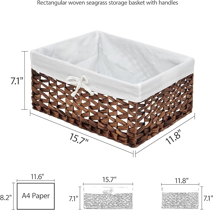 Rectangular Woven Seagrass Storage Bin with Handle,Kingwillow. (water hyacinth, Large)