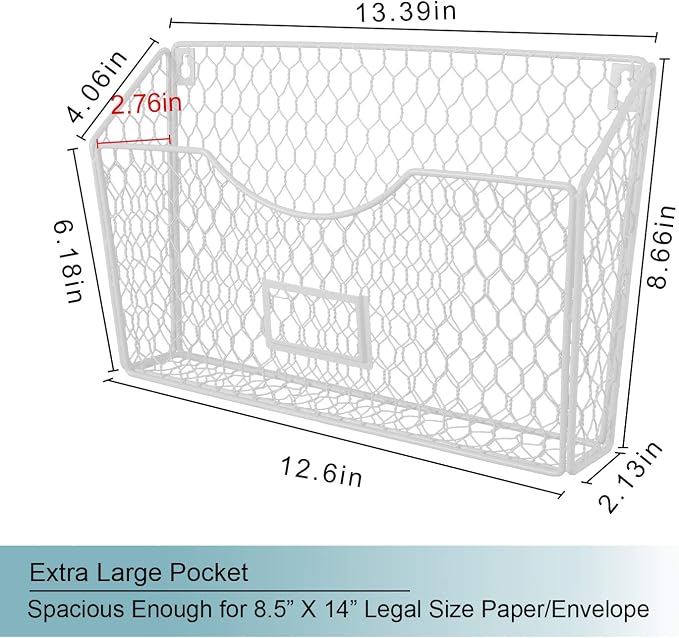 6 Pockets Hanging File Holder Wall Mount Mail Organizer Metal Chicken Wire Magazine Rack with Tag Slot, White