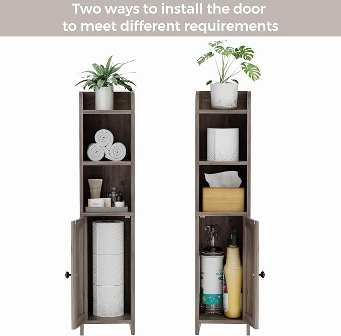 Homhedy Small Bathroom Storage Cabinet, Narrow Toilet Paper Cabinet | Corner Floor Cabinet with Door and Shelves, Slim Bathroom Cabinet for Small Spaces, 7.9" D x 7.1" W x 31" H, Greige