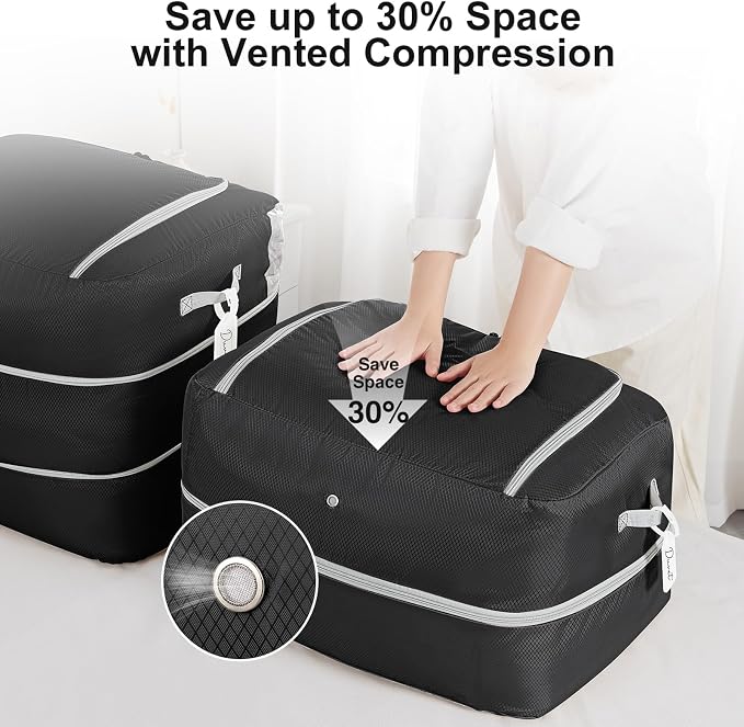 Comforter Storage Bag - 110L Large Capacity Blanket Storage Bags 2-Layer Ultra Space Saving Self Compression Organizer, Washable Compression Bags for Storage Comforter Blanket, 4-Pack, Black