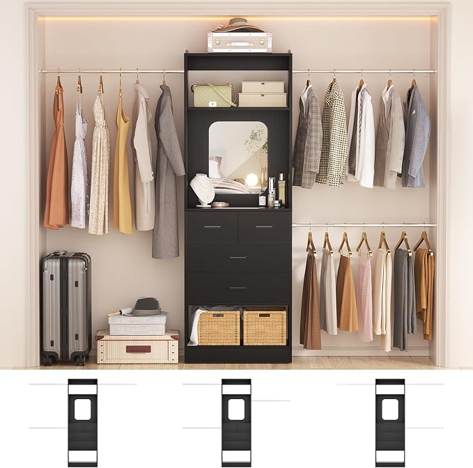Unikito 8FT Closet System with Mirror and 3 Extendable Hanging Rods, Black | 48" - 96" Walk-in Closet Organizer with 25" Tower, 4 Wood Drawers, Customizable and Cuttable, Heavy Duty Closet Insert