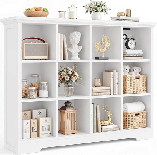 Aheaplus Wooden 12-Cube Storage Organizer with Charging Ports, Modern Cube Bookcase with Base, 4-Tier Floor Standing Open Cubbies Bookshelf, Cubicle Display Shelf for Home and Office, White