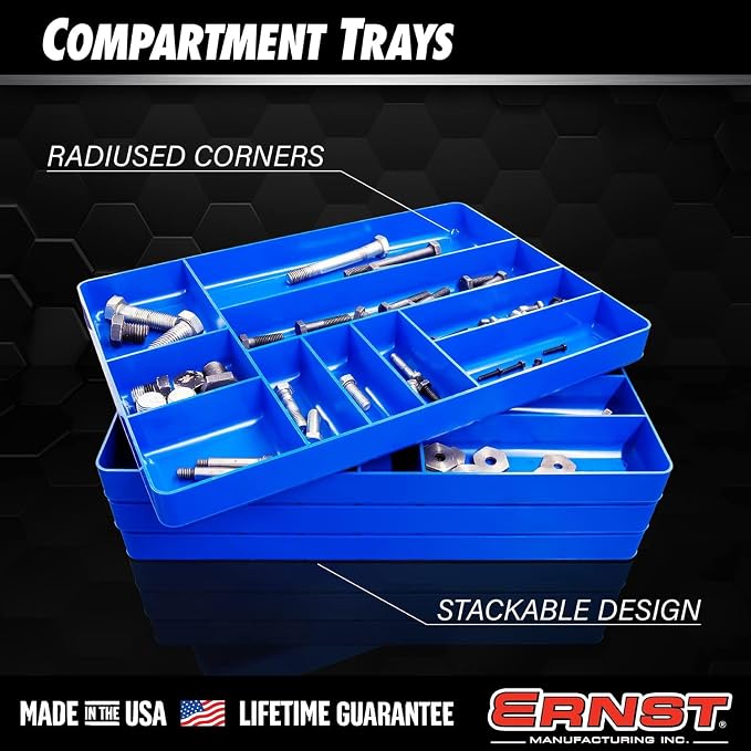 Ernst Manufacturing 10 Compartment Drawer Organizer: Heavy Duty Stackable Tray for Automotive Garage Tool Organization - Low-Profile Toolbox Storage - Nuts and Bolts, Tools, Parts, Easy to Clean - Red